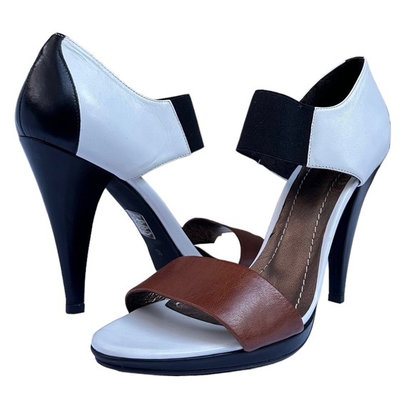Claire Flowers Shoes - Heeled Sandal Claire Flowers Lizzy Leather White Black Brown Size 10 New Neutral